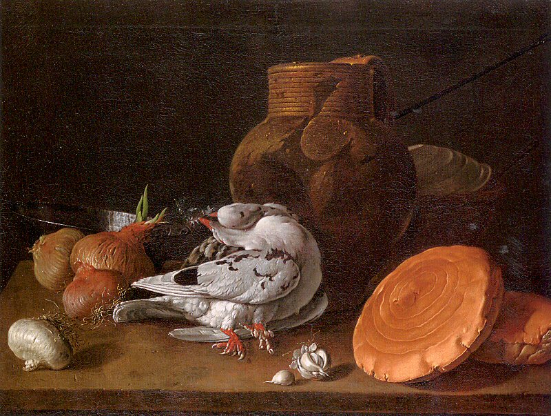 Still Life with Pigeons, Onions, Bread and Kitchen Utensils